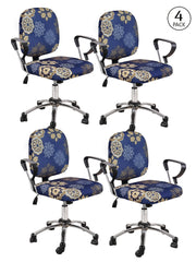 Stretchable Elastic Ethnic Printed Office Chair Cover Pack of 4- Dark Blue