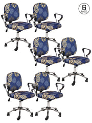 Stretchable Elastic Ethnic Printed Office Chair Cover Pack of 6- Dark Blue