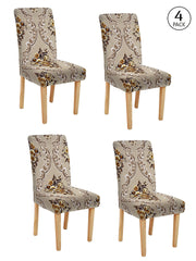 Stretchable DiningPrinted Chair Cover Set-4 Beige