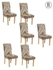 Stretchable DiningPrinted Chair Cover Set-6  Beige