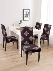 Stretchable DiningPrinted Chair Cover Set-4 Brown