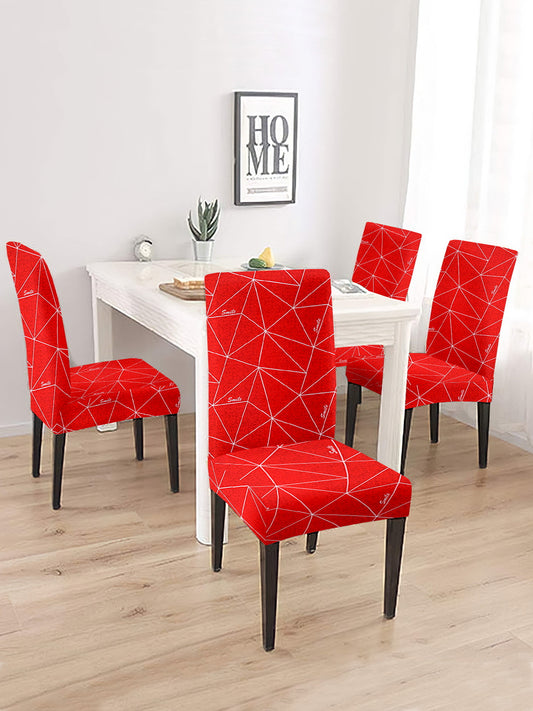 Stretchable DiningPrinted Chair Cover Set-4 Red