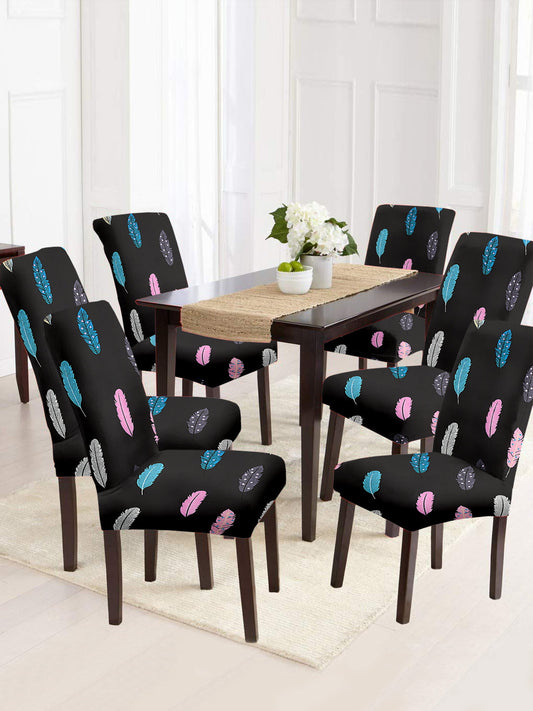 Stretchable DiningPrinted Chair Cover Set-6 Black & Pink
