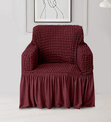 Elastic StretchableFrill 1 Seater Sofa Cover-Maroon