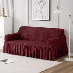 Elastic StretchableFrill 3 Seater Sofa Cover-Maroon