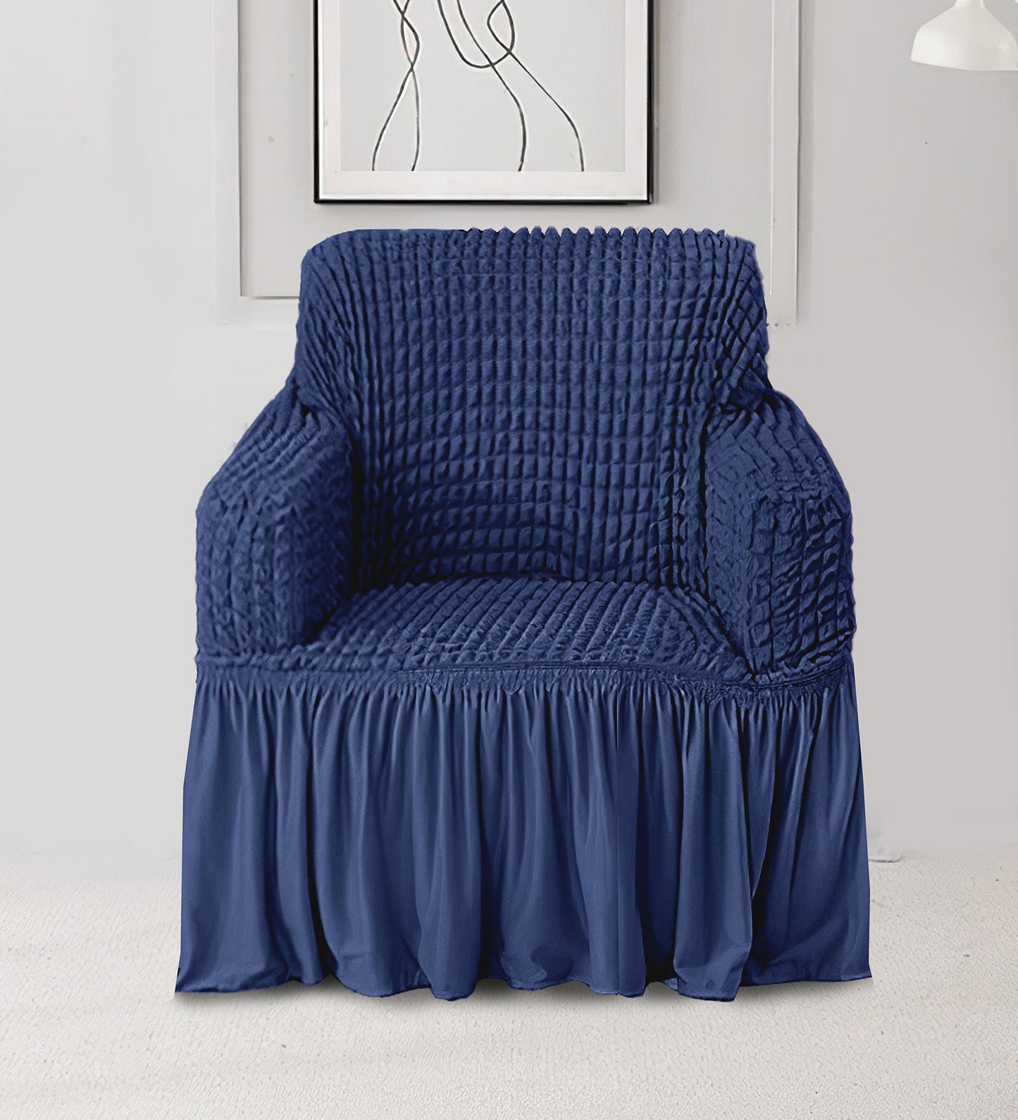 Elastic StretchableFrill 1 Seater Sofa Cover-Blue