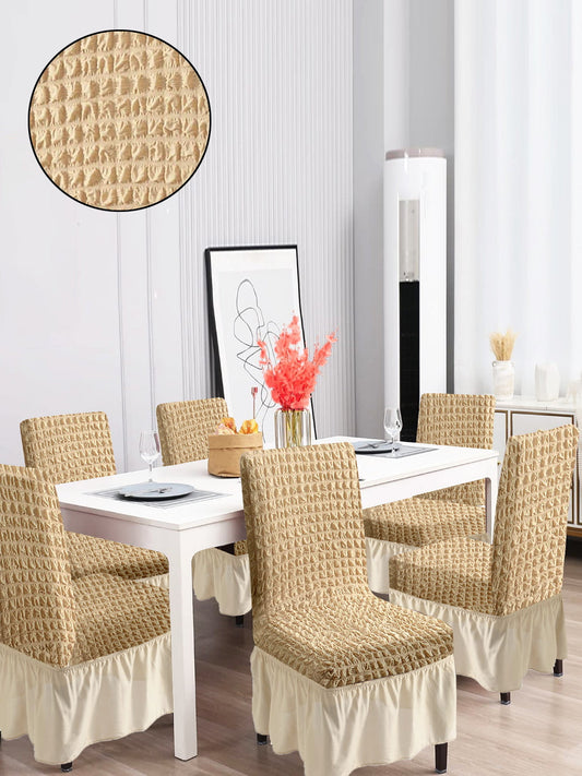 Pack of 6 Stretchable Dining Chair Cover with Frill - Beige