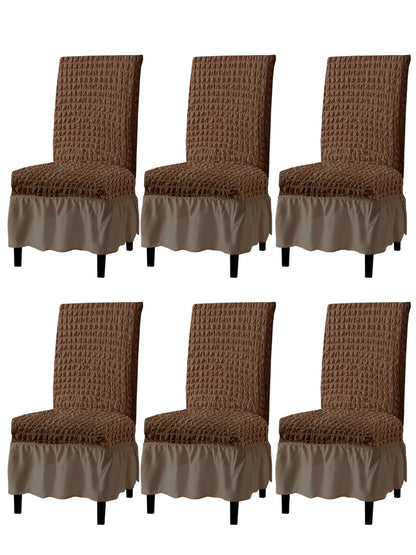 Pack of 6 Stretchable Dining Chair Cover with Frill - Brown
