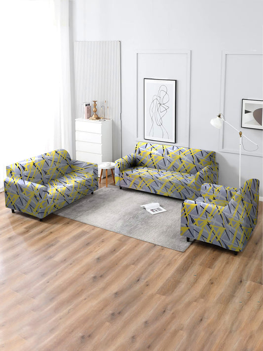 Elastic Stretchable Universal Printed Sofa Cover 3+1+1 Seater- Grey