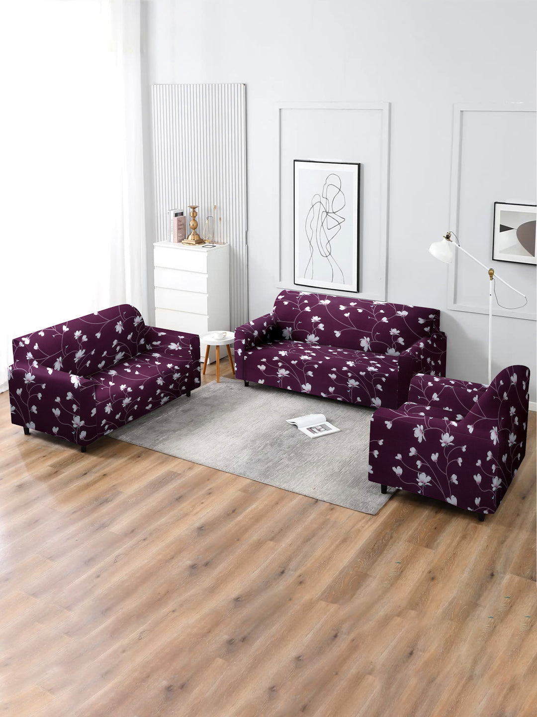 Elastic Stretchable Universal Printed Sofa Cover 3+1+1 Seater- Purple