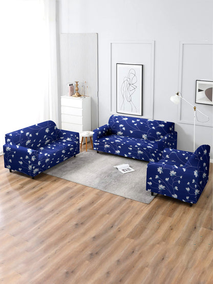 Elastic Stretchable Universal Printed Sofa Cover 3+1+1 Seater- Navy Blue