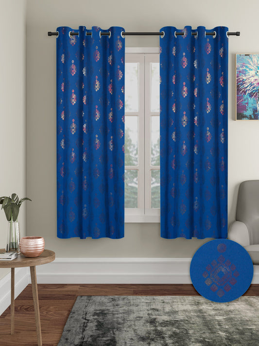 Pack of 2 Polyester Blackout Foil Window Curtains- Navy Blue