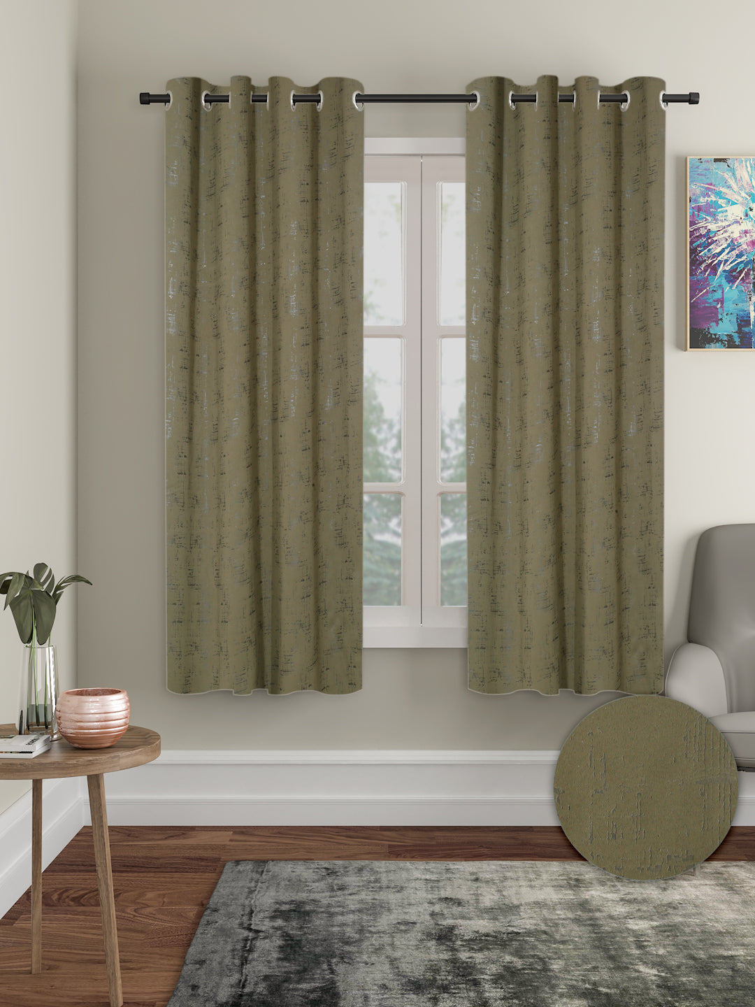Pack of 2 Polyester Blackout Emboss Window Curtains- Olive