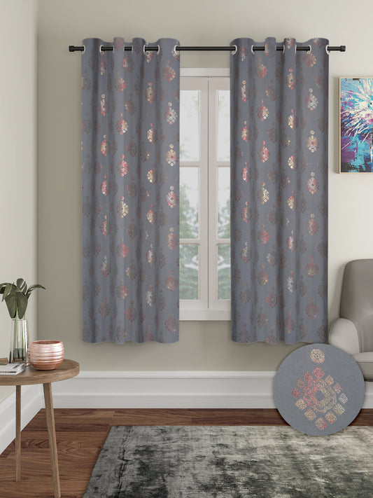 Pack of 2 Polyester Blackout Foil Window Curtains- Dark Grey