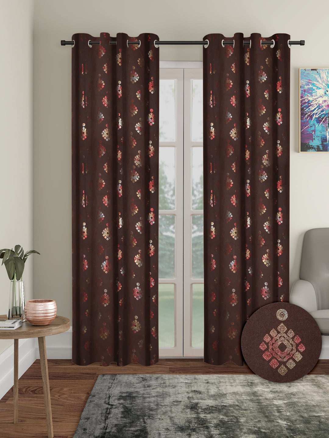 Pack of 2 Polyester Blackout Foil Long Door Curtains- Brown