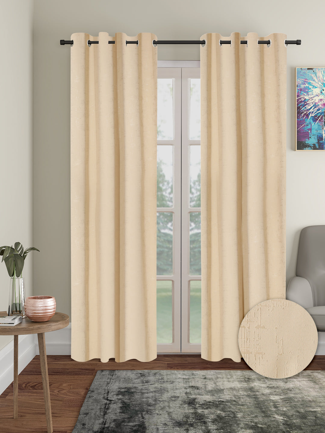 Pack of 2 Polyester Blackout Emboss Long Door Curtains- Cream