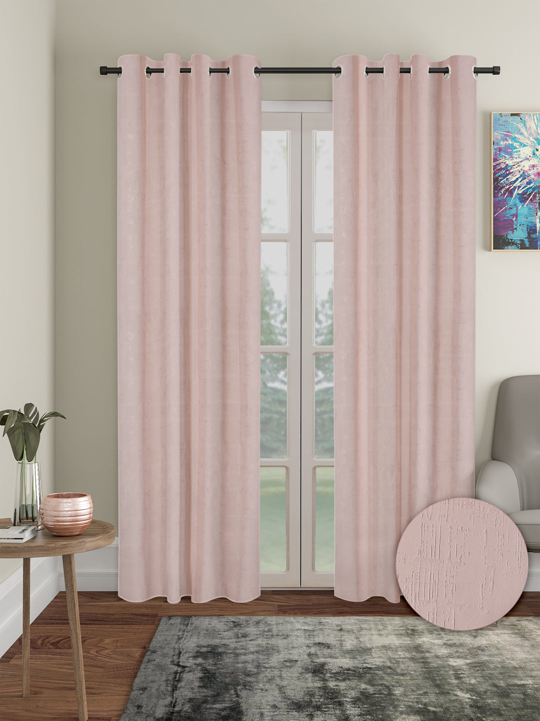 Pack of 2 Polyester Blackout Emboss Long Door Curtains- Peach