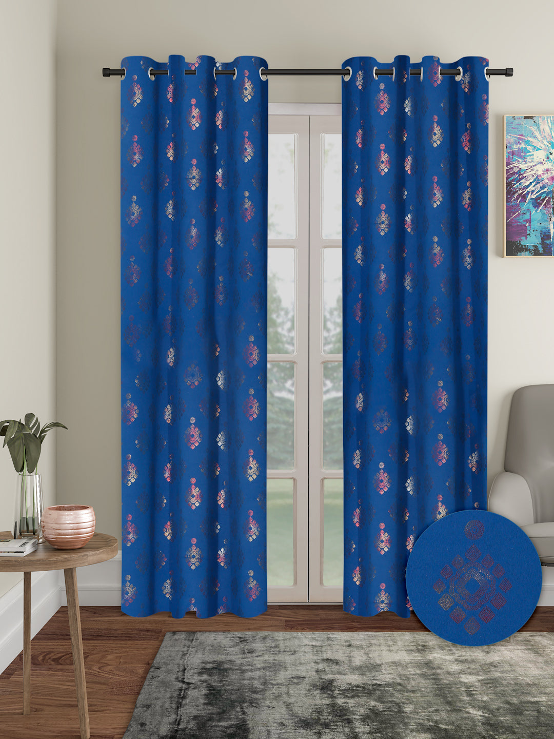 Pack of 2 Polyester Blackout Foil Door Curtains- Navy Blue