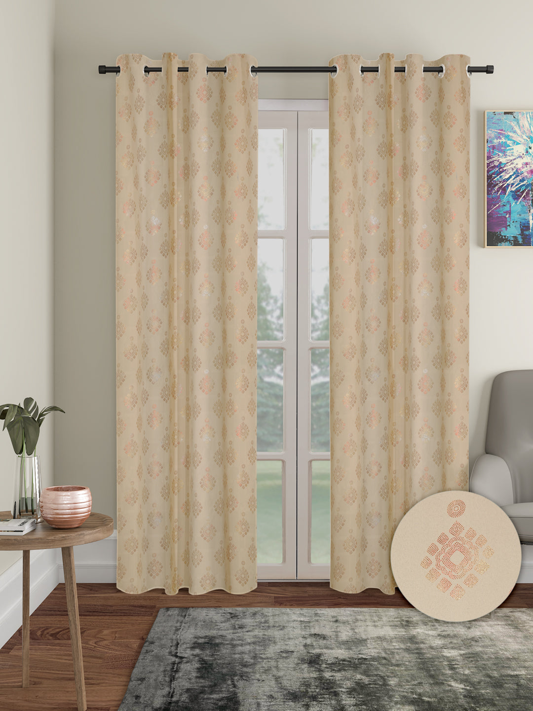 Pack of 2 Polyester Blackout Foil Long Door Curtains- Cream