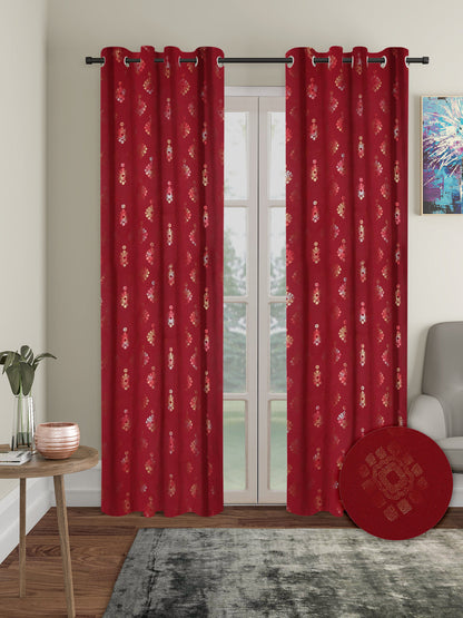 Pack of 2 Polyester Blackout Foil Long Door Curtains- Red