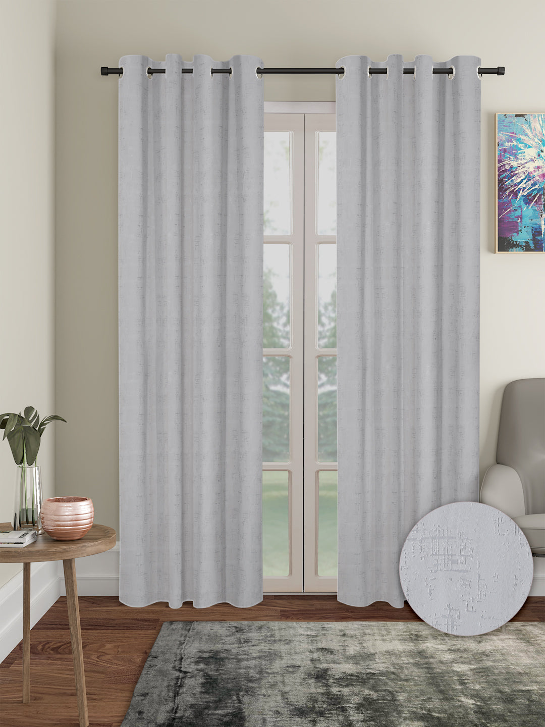 Pack of 2 Polyester Blackout Emboss Long Door Curtains- Light Grey