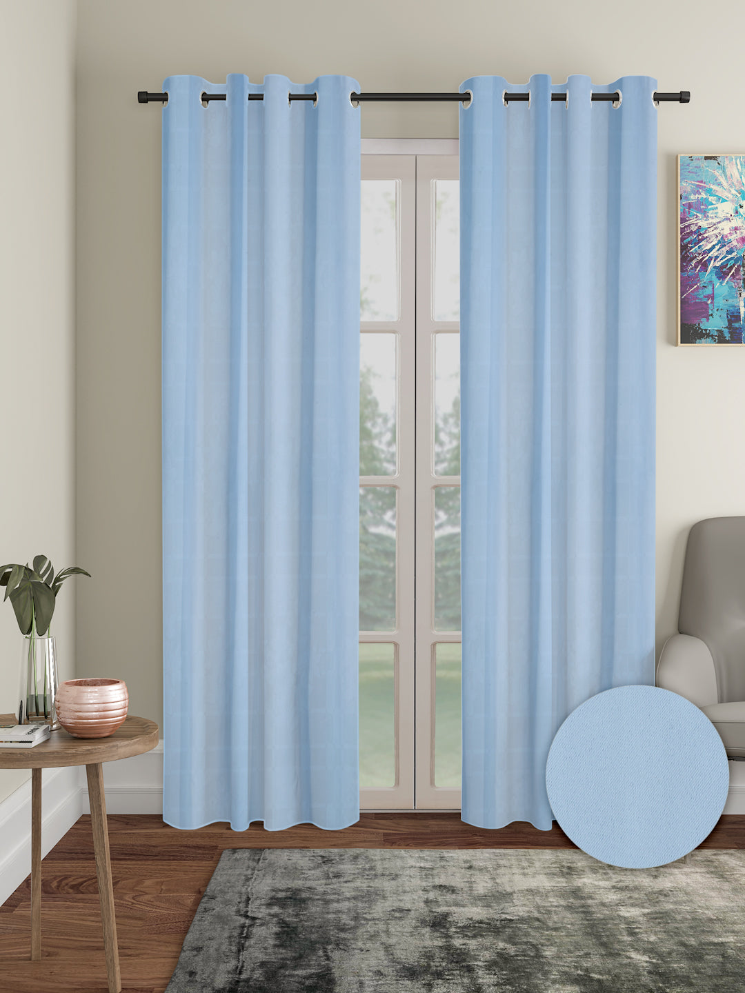 Pack of 2 Polyester Blackout Solid Door Curtains- Blue