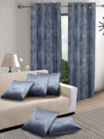 Set of 2 Velvet Blackout Long Door Curtains with 5 Cushion Covers- Grey
