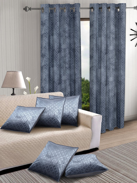 Set of 2 Velvet Blackout Window Curtains with 5 Cushion Covers- Grey