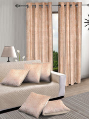 Set of 2 Velvet Foil Blackout Window Curtains with 5 Cushion Covers- Beige