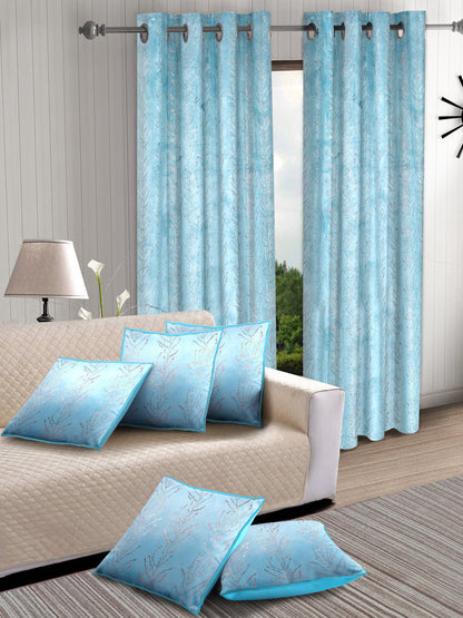 Set of 2 Velvet Foil Blackout Long Door Curtains with 5 Cushion Covers- Blue