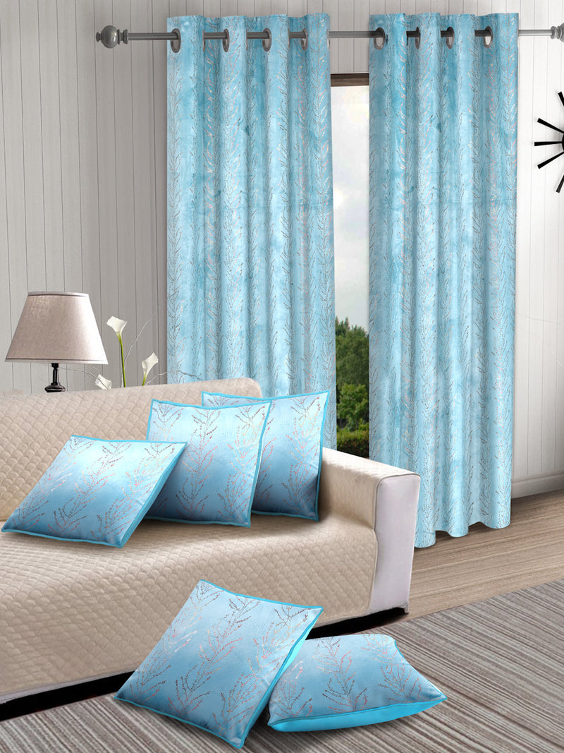 velvet-foil-long-door-curtain-cushion-combo-blue