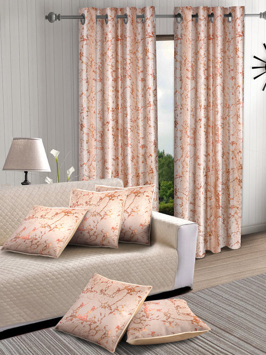 Set of 2 Knitted Long Door Curtains with 5 Cushion Covers- Beige