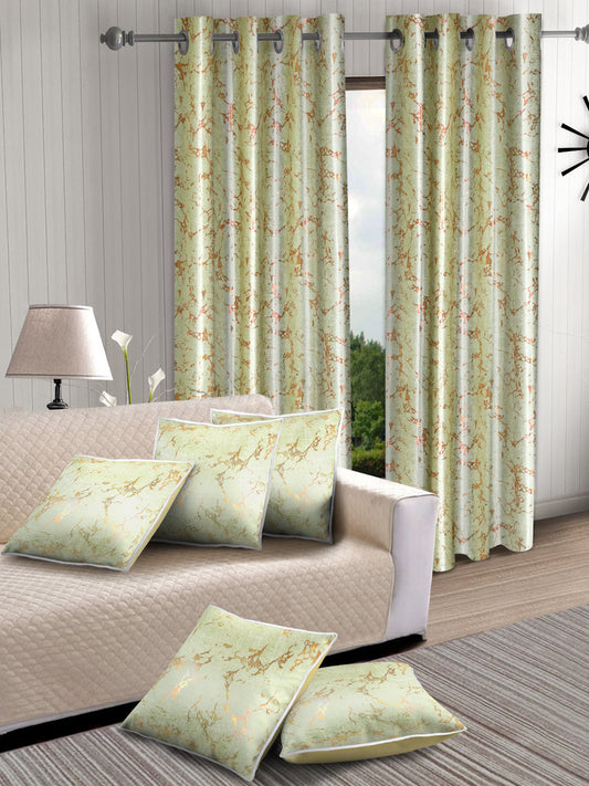 Set of 2 Knitted Window Curtains with 5 Cushion Covers- Green
