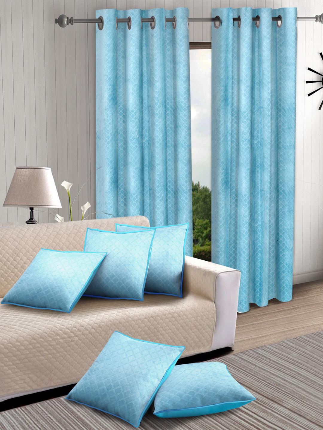 Set of 2 Velvet Blackout Window Curtains with 5 Cushion Covers- Blue