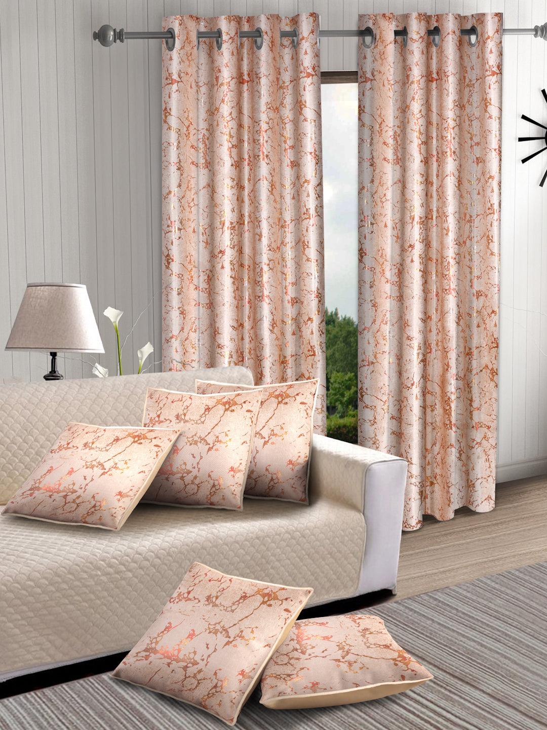 Set of 2 Knitted Window Curtains with 5 Cushion Covers- Beige