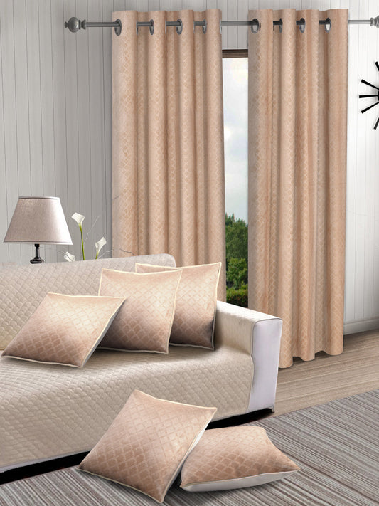 Set of 2 Velvet Blackout Long Door Curtains with 5 Cushion Covers- Beige