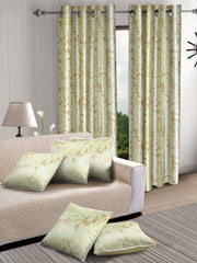 Set of 2 Knitted Long Door Curtains with 5 Cushion Covers- Green