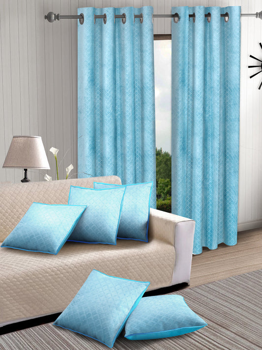 Set of 2 Velvet Blackout Long Door Curtains with 5 Cushion Covers- Blue