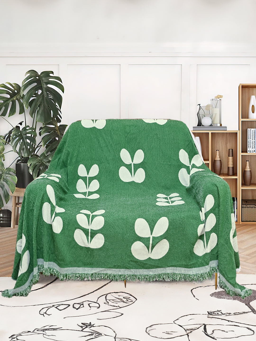 Reversible Sofa Blanket Cover with Tassels 1 Seater- Olive Green
