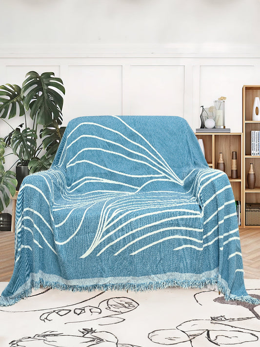 Reversible Sofa Blanket Cover with Tassels 1 Seater- Blue