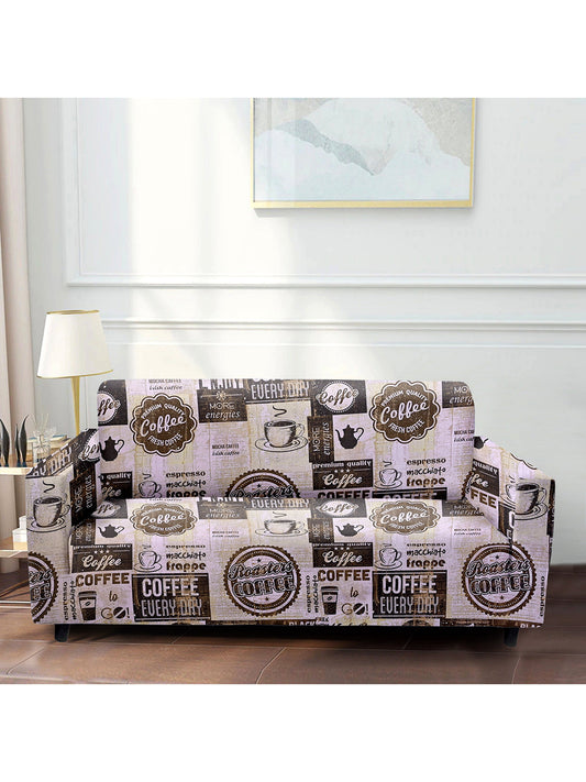Polyester Stretchable Coffee Bean Printed Sofa Cover 4 Seater- Brown