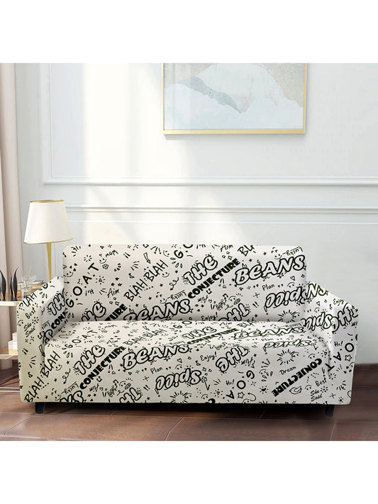 Polyester Stretchable Koffee with Karan Printed Sofa Cover 4 Seater- White