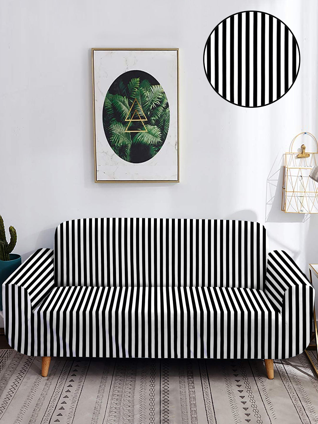 Polyester Stretchable Stripes Printed Sofa Cover 4 Seater- Black & White