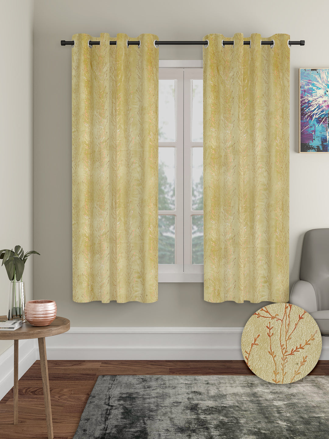 Pack of 2 Velvet Regular Foil Window Curtains- Olive