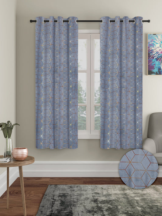 Pack of 2 Velvet Regular Geometric Foil Window Curtains- Dark Grey