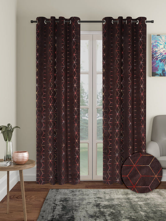 Pack of 2 Velvet Regular Geometric Foil Long Door Curtains- Brown