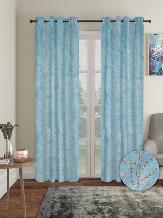 Pack of 2 Velvet Regular Foil Long Door Curtains- Light Blue