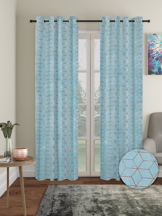 Pack of 2 Velvet Regular Geometric Foil Door Curtains- Light Blue