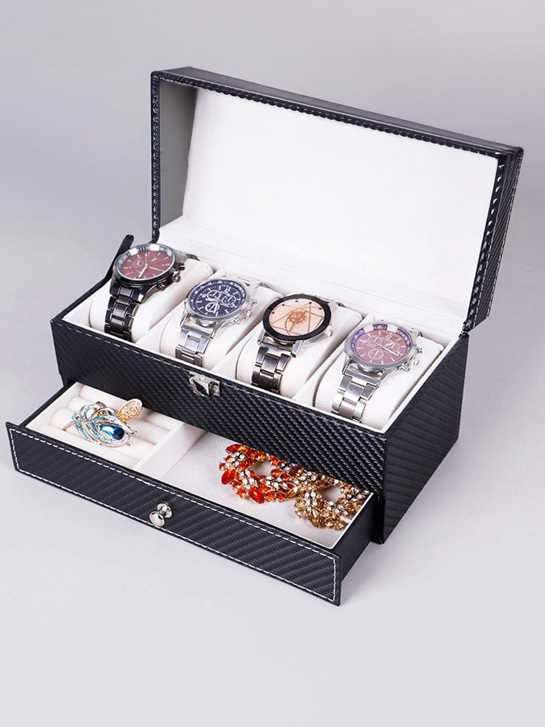 Solid Leather Multi Pocket Watch Organizer Box (Pack of 1)- Black – CORTINA